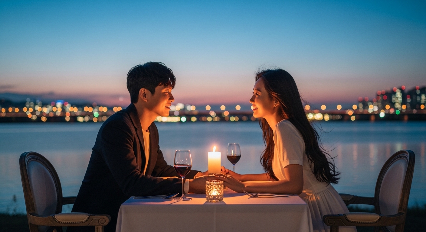 강변에서 로맨틱한 저녁 데이트를 즐기며 진솔한 대화를 나누는 참가자들