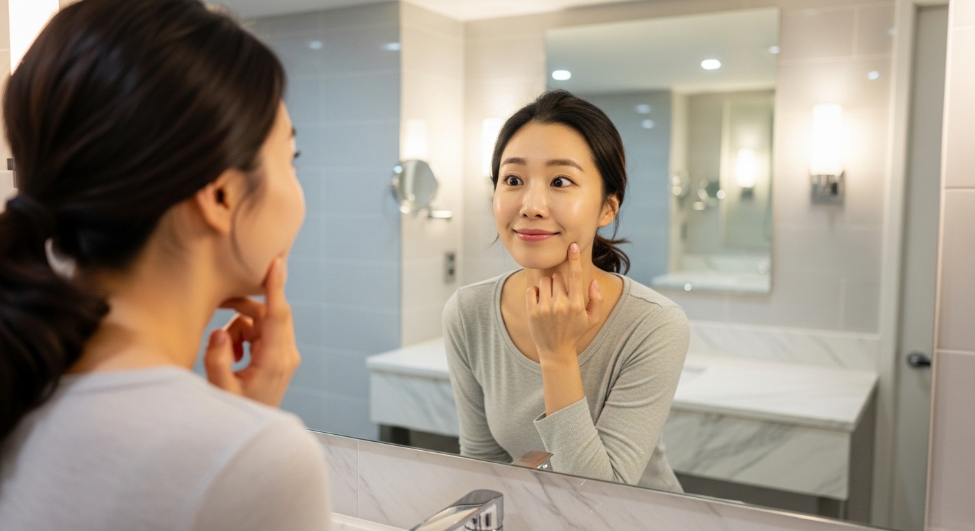 거울을 보며 자신의 턱선을 살펴보는 여성의 모습