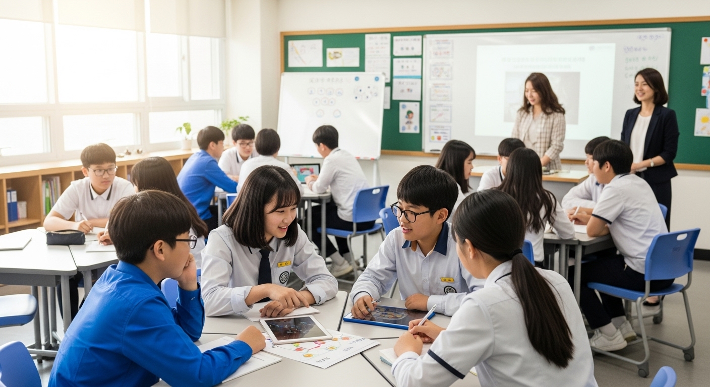학생들이 적극적으로 토론과 활동에 참여하는 활발한 교실 분위기