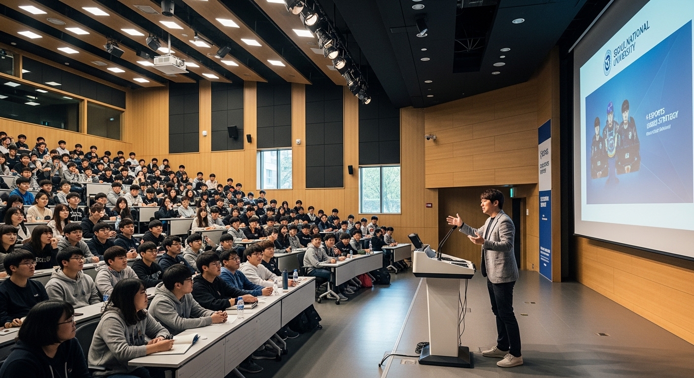서울대학교에서 강연하는 한국 프로게이머와 열정적인 청중