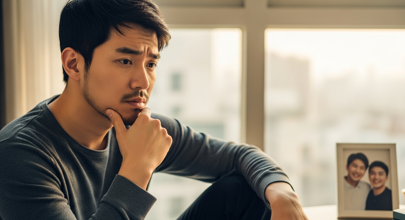 형의 성공에 영감을 받은 젊은 남성이 고민하는 모습