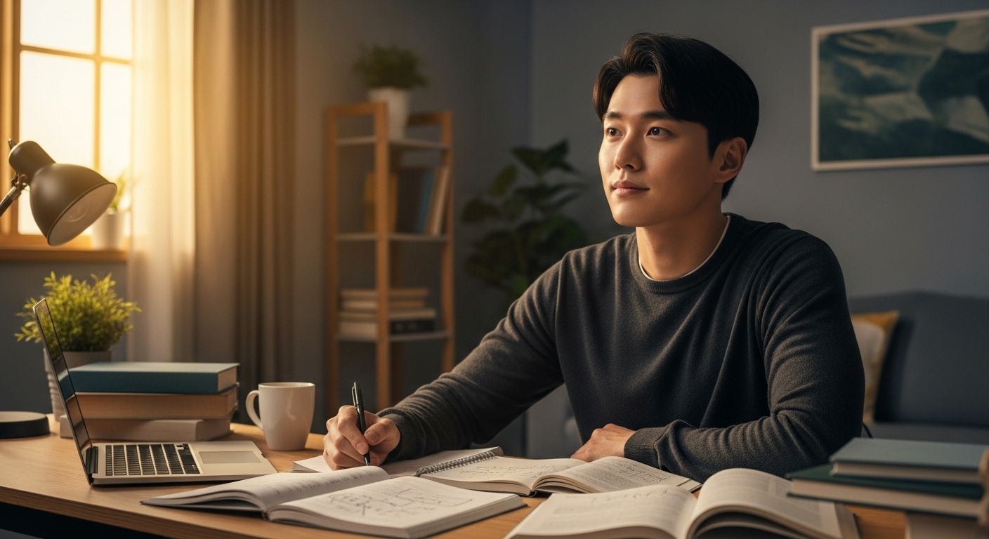 의심 속에서도 미래의 성공을 꿈꾸는 결단력 있는 젊은 남성