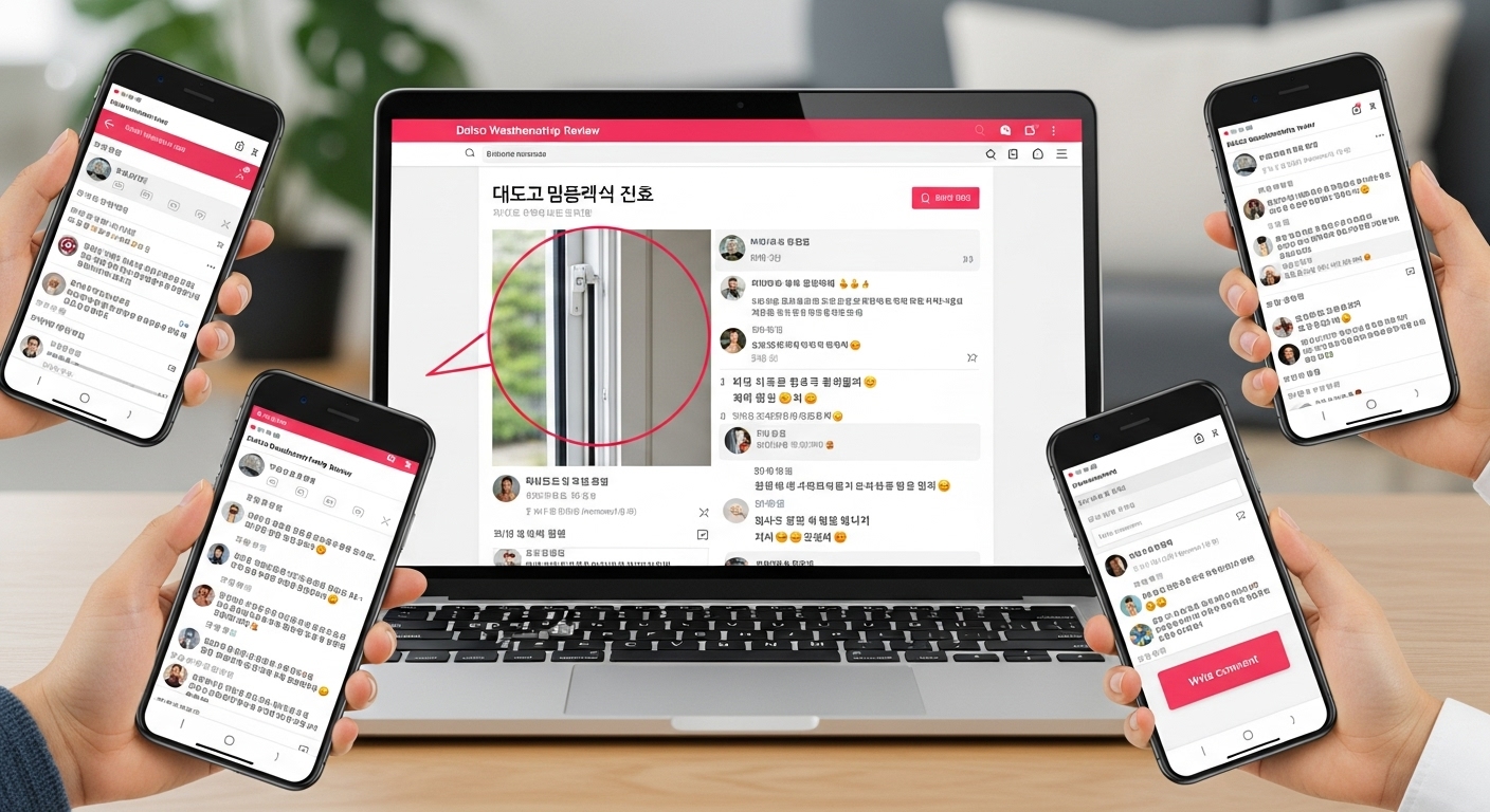 온라인 커뮤니티에서 다이소 문풍지 후기를 공유하는 한국 고객들