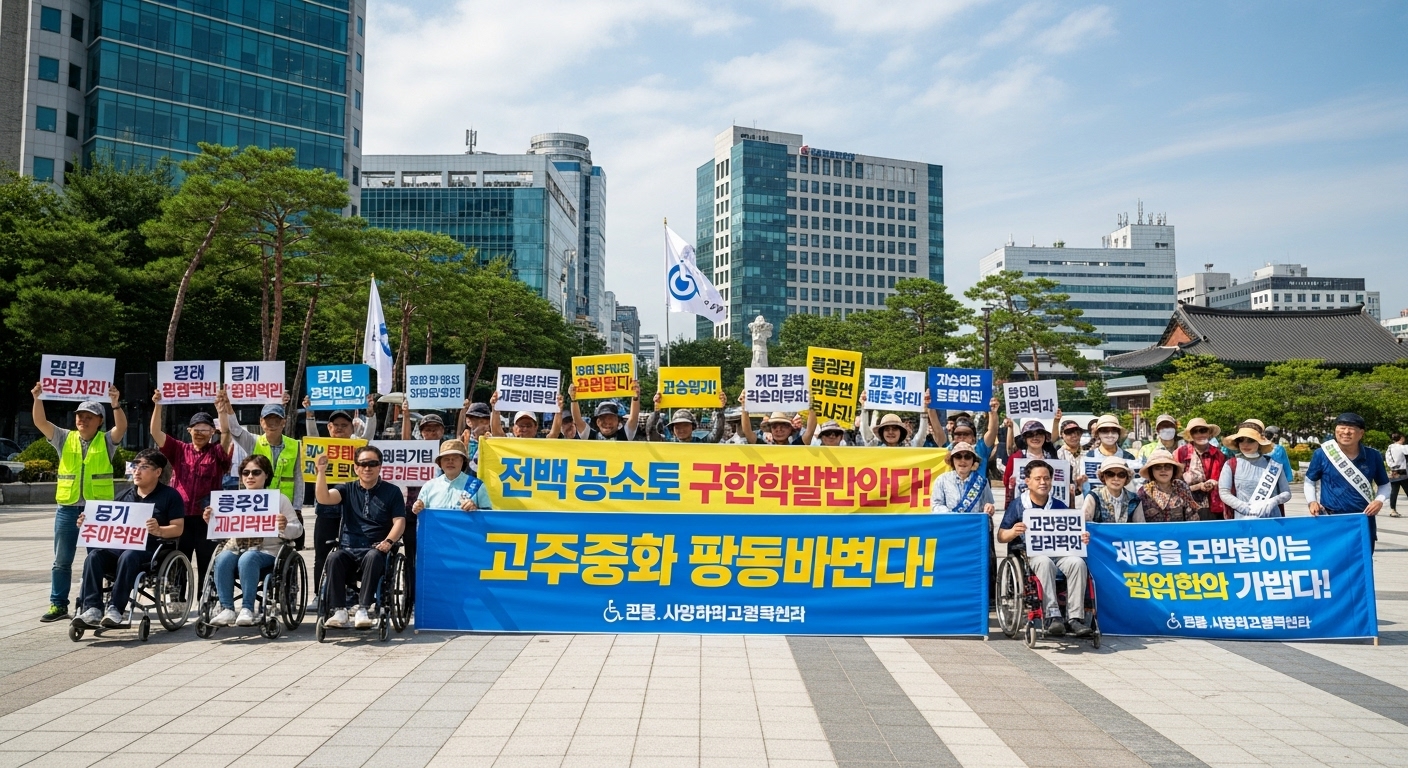 부산의 광장에서 장애인 권리를 위해 모인 한국 활동가들의 집회 장면