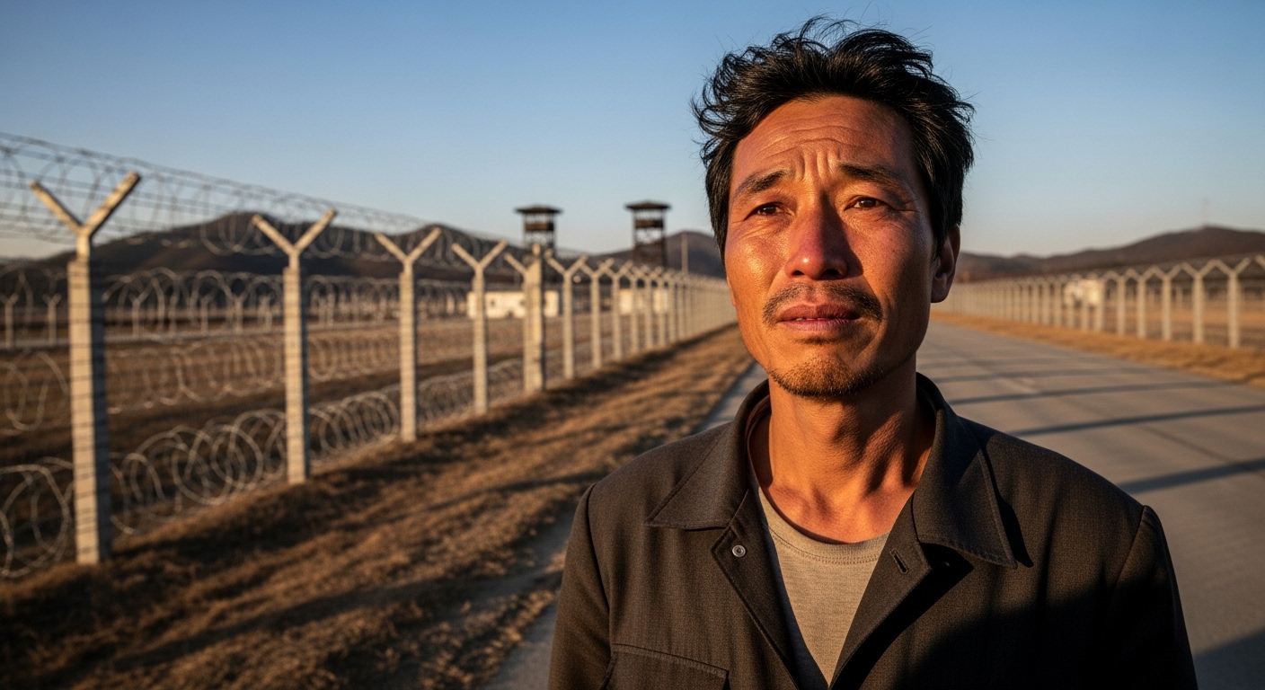 DMZ 경계선에 서서 북에서 남으로의 여정을 회상하는 남성