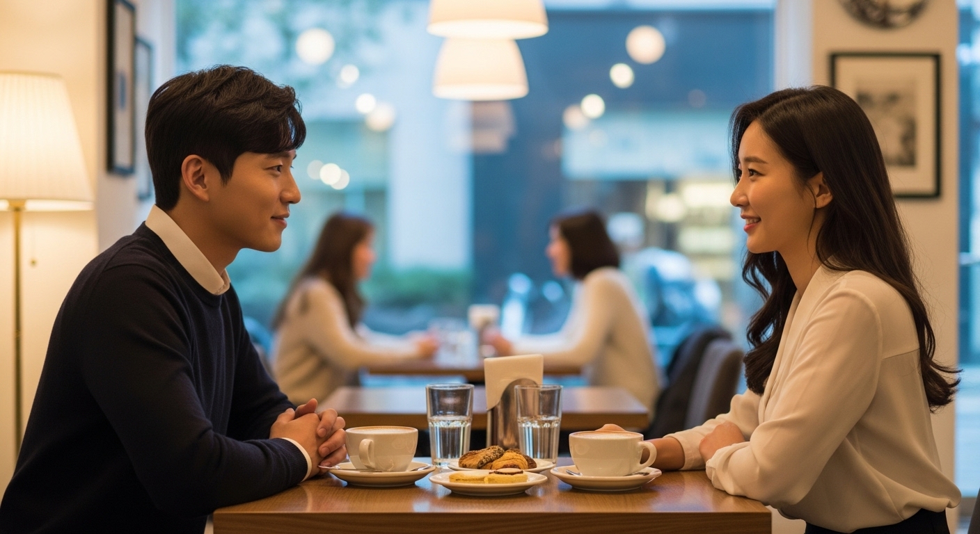 서울 카페에서 처음 만나는 커플의 따뜻하고 부드러운 미소