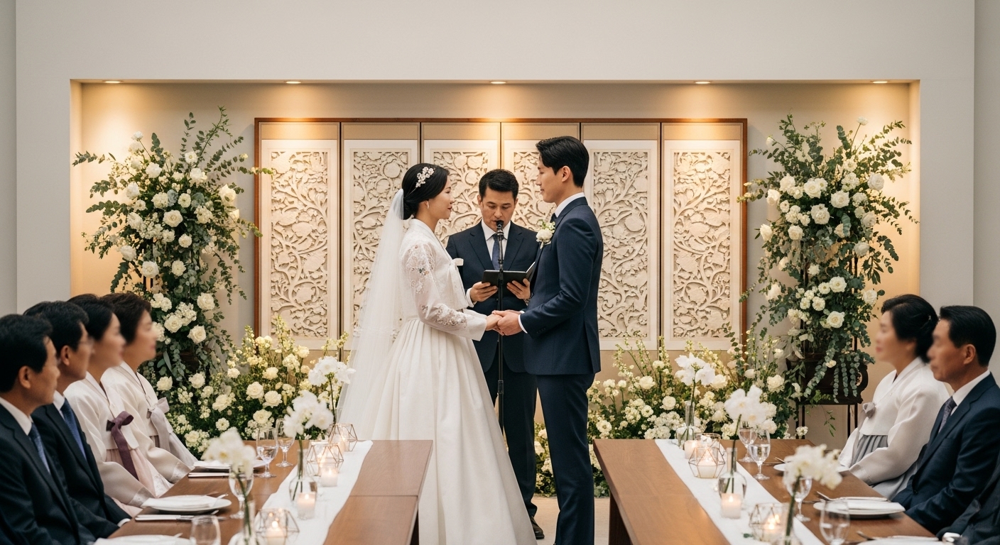 전통적이면서 현대적인 분위기 속에서 문화적 통합을 상징하는 결혼식 장면