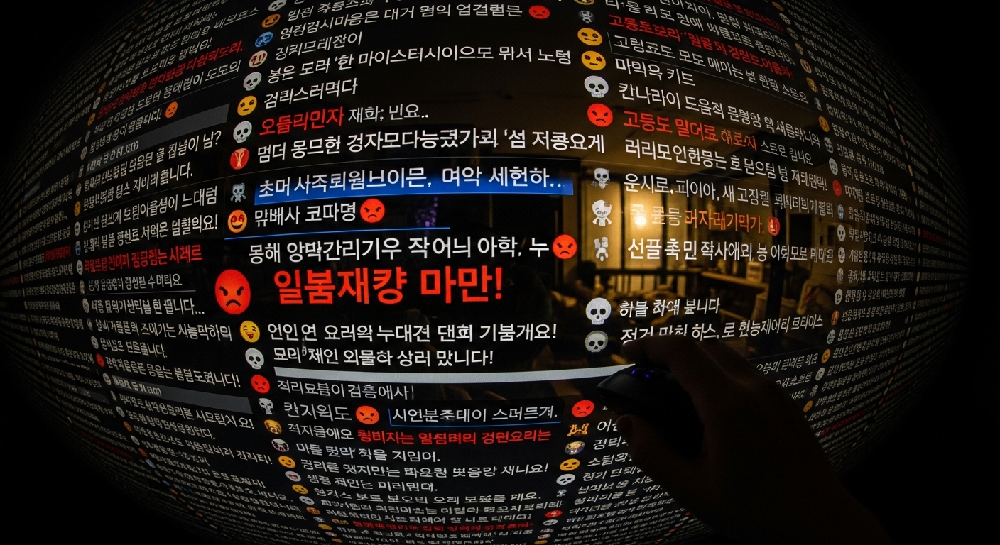한국어로 가득 찬 온라인 댓글 섹션에 분노와 욕설이 넘쳐나는 모습