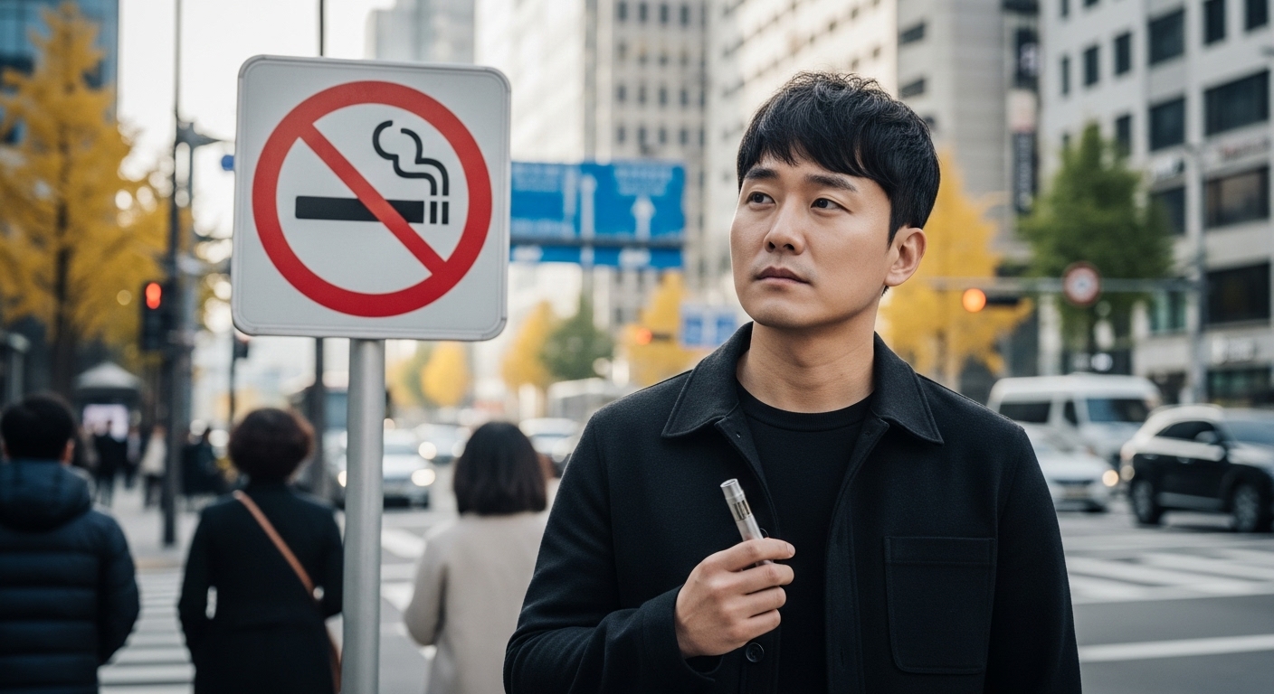 전자담배를 들고 금연 표시 앞에서 고민하는 남성의 모습