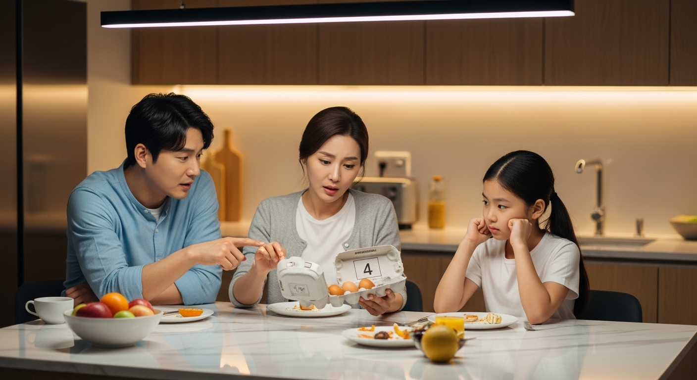 가족이 주방 테이블에서 우아란 달걀의 품질에 대해 토론하는 모습