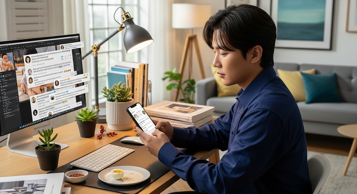 인플루언서가 집에서 SNS를 통해 계란 논란에 대한 글을 올리는 장면