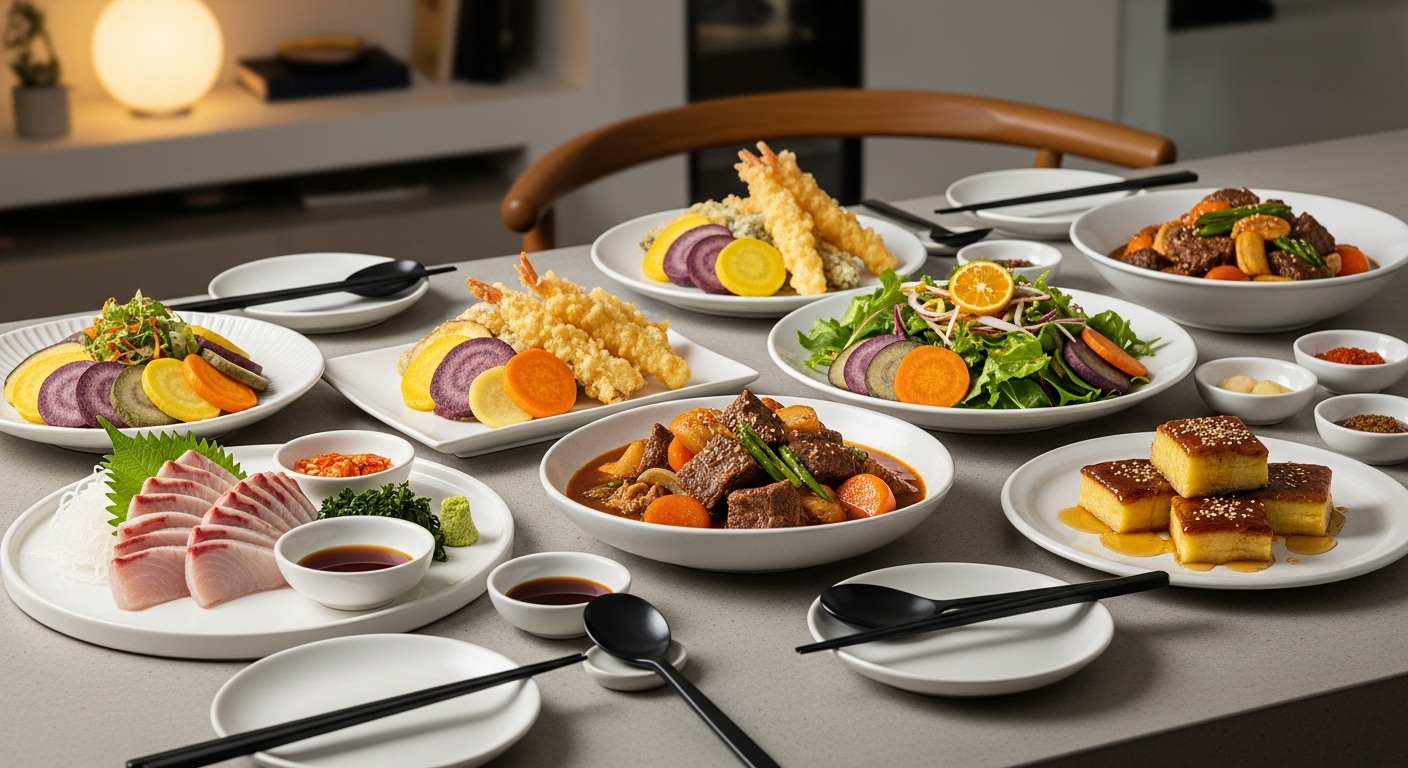 다양한 요리 스타일로 맛있게 조리된 하늘마 요리가 놓인 현대적인 식탁