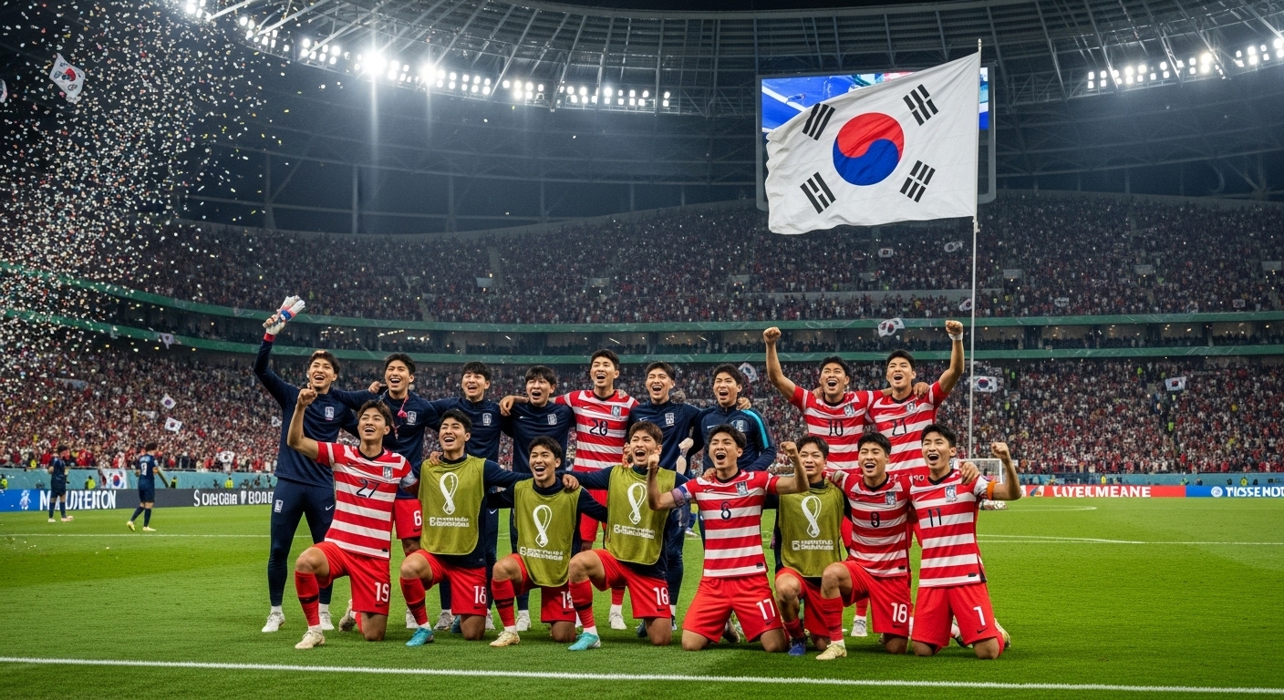 한국 축구 대표팀이 경기장에서 승리를 기뻐하는 모습