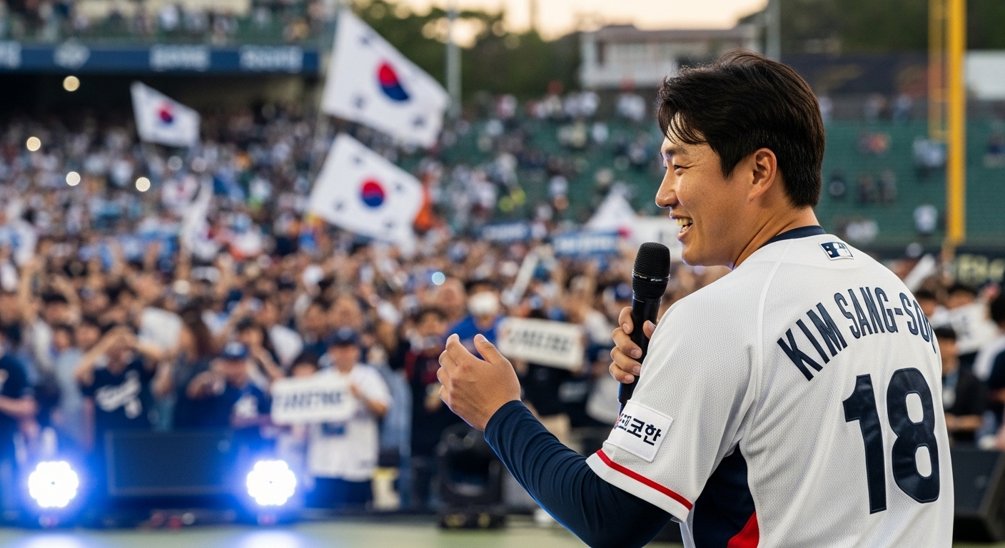 팬 미팅에서 활기차게 이야기를 나누는 야구 선수
