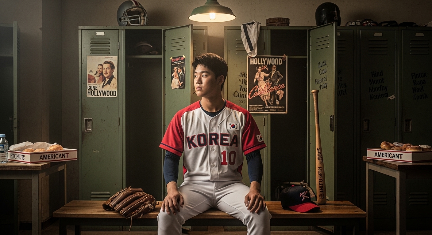 어두운 락커룸에서 혼자 있는 젊은 야구 선수의 고독한 모습