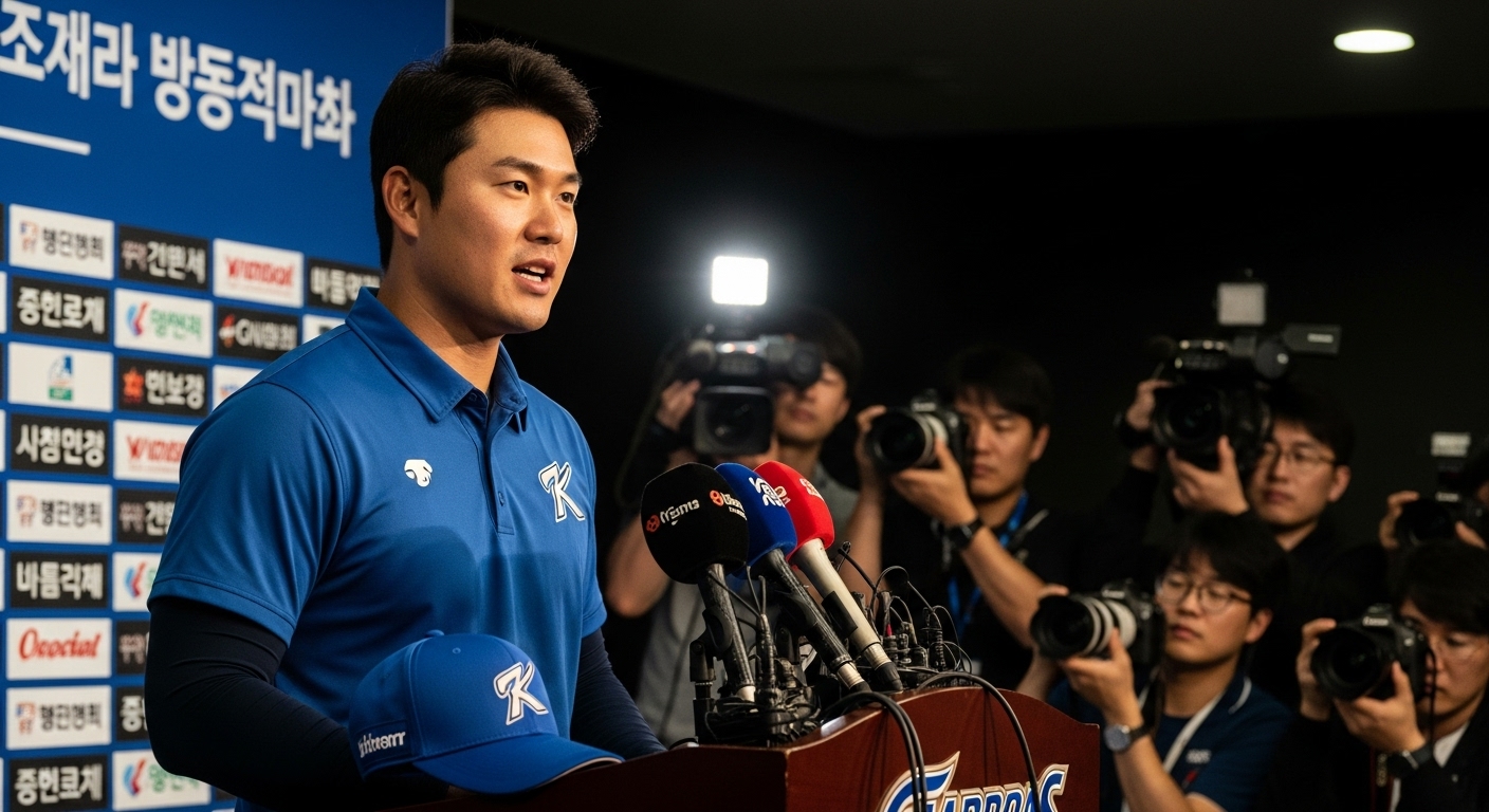 기자회견장에서 미디어와 소통하는 자신감 넘치는 야구 선수