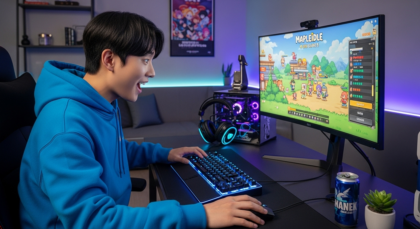 젊은 게이머가 책상에 앉아 메이플키우기 게임 화면을 보고 있는 모습
