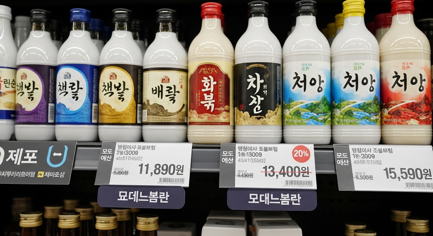 슈퍼마켓 선반에 놓인 가격 인하된 백화수복과 청하
