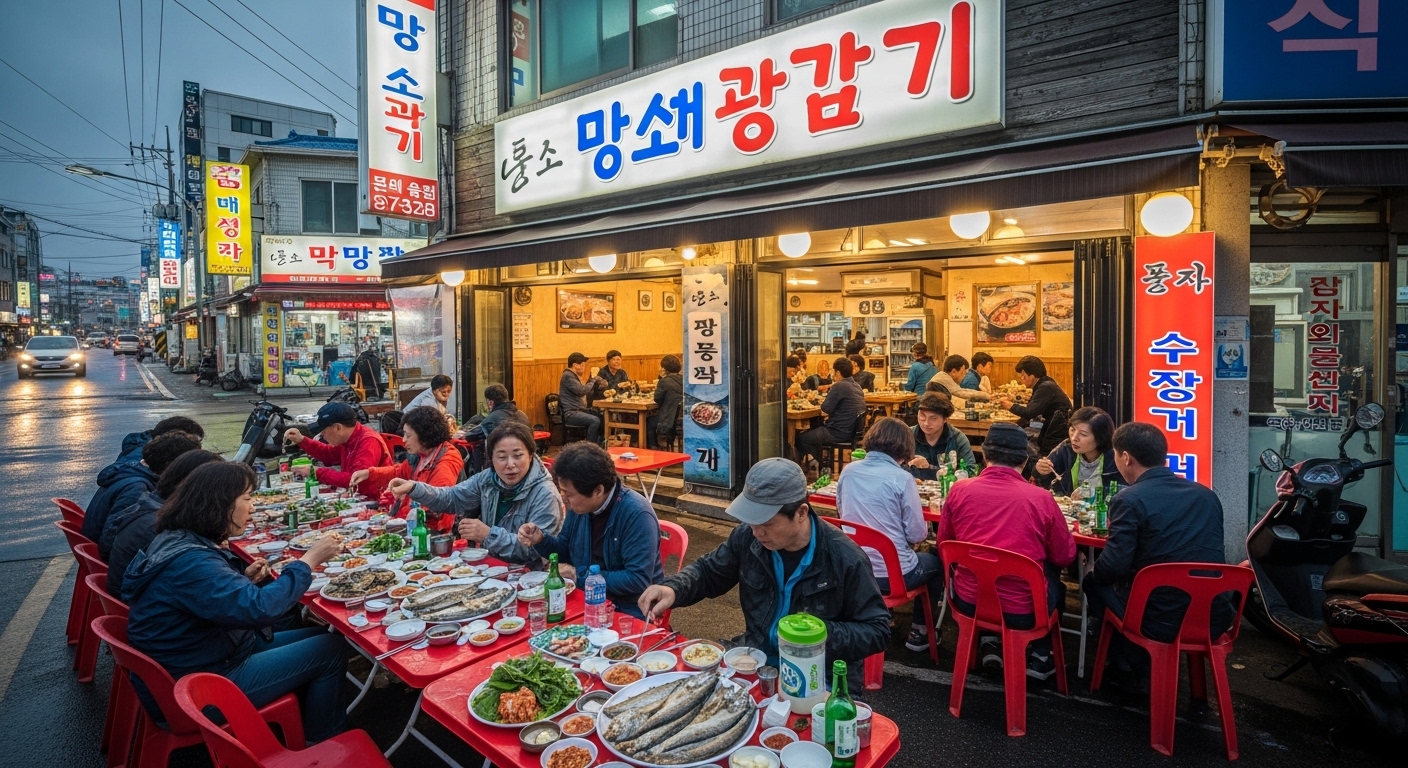 포항의 번화한 거리에서 현지인과 관광객이 식사 중인 인기 많은 마당쇠과메기 식당