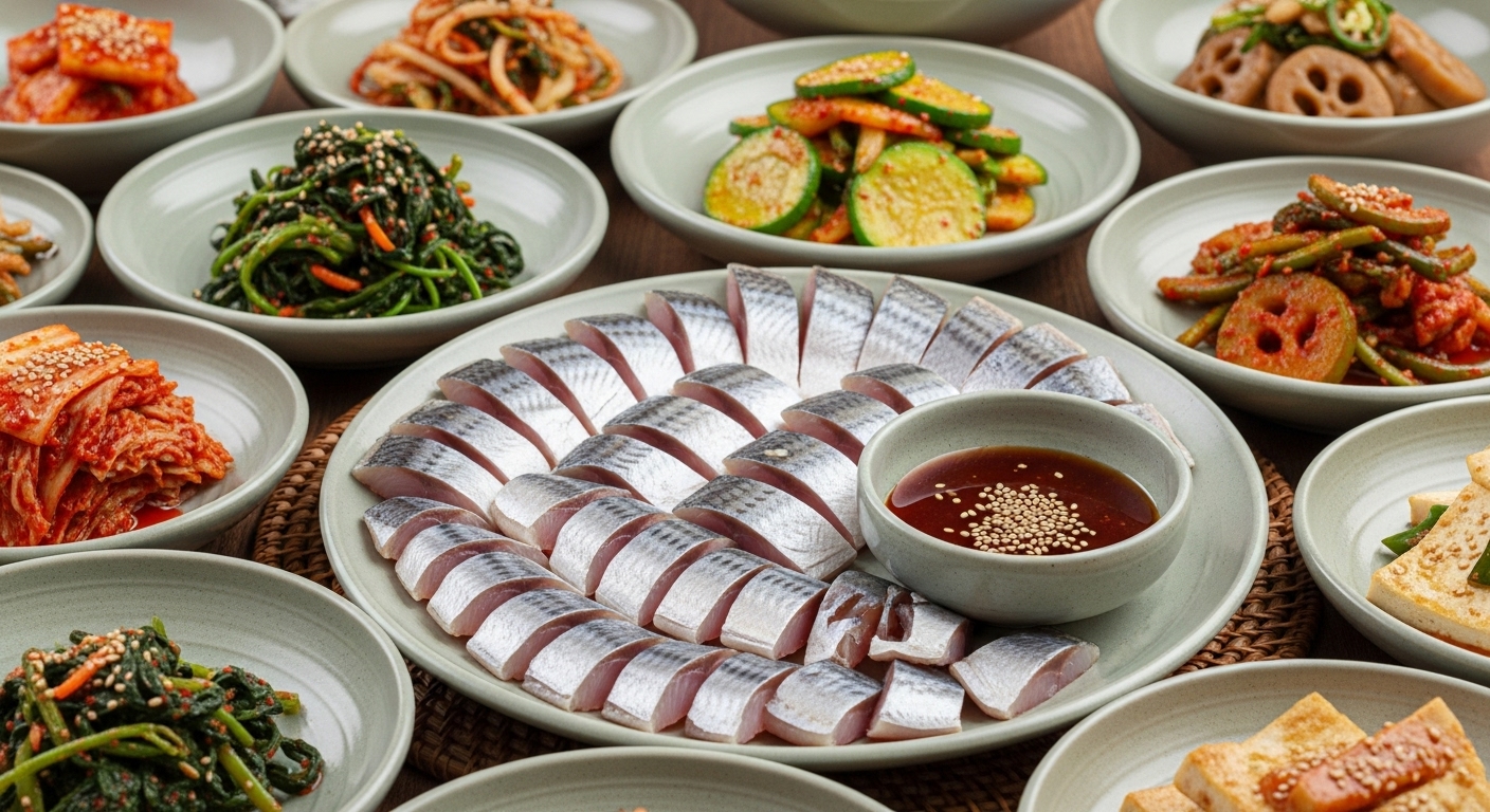 신선한 과메기와 특제 소스가 준비된 한국식 상차림