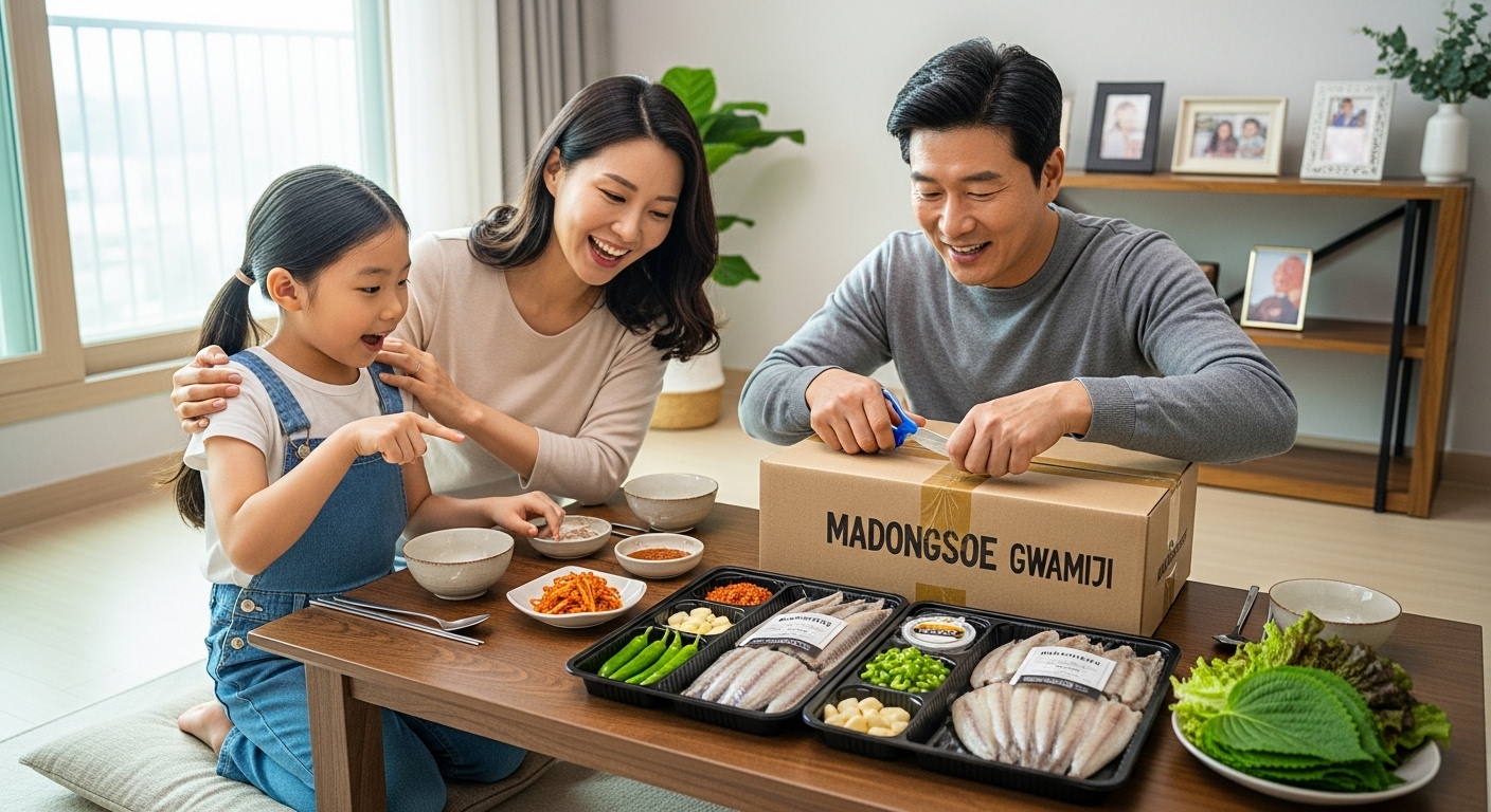 집에서 배송 받은 신선한 과메기를 열며 기뻐하는 가족 모습