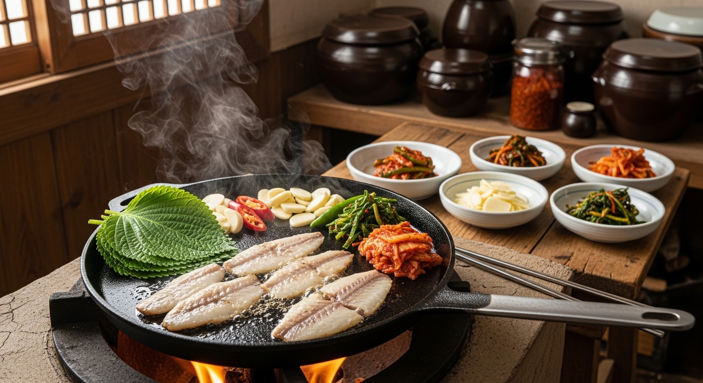 전통적인 한국 주방에서 야채와 김치 등과 함께 팬에 살짝 구워지는 과메기