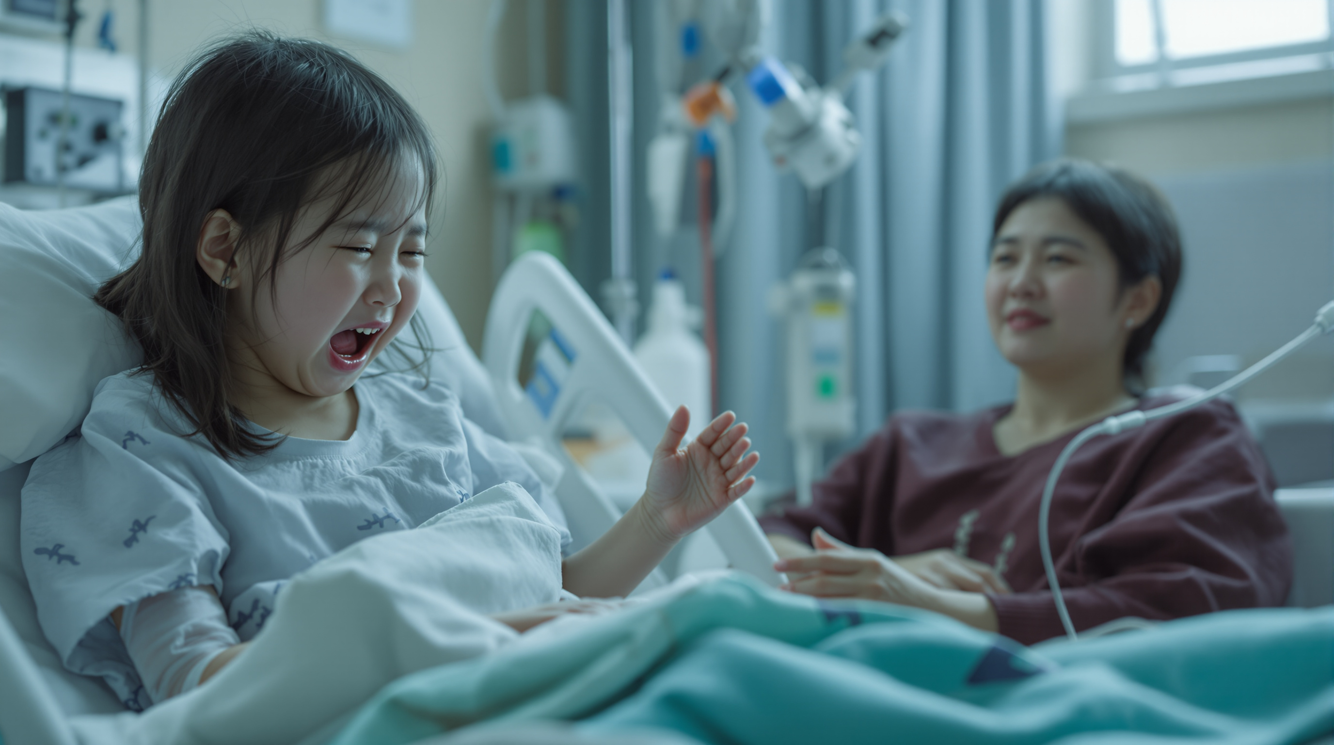병원에서 갑작스런 팔다리 마비로 걱정하는 부모와 아이의 모습