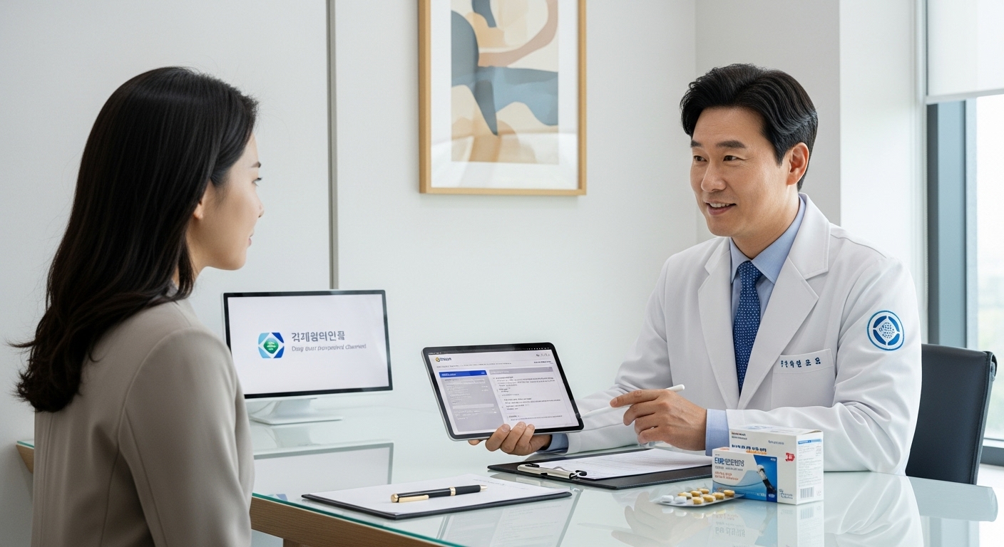 현대식 병원에서 환자와 상담하며 적절한 처방약 구매를 안내하는 한국 의사