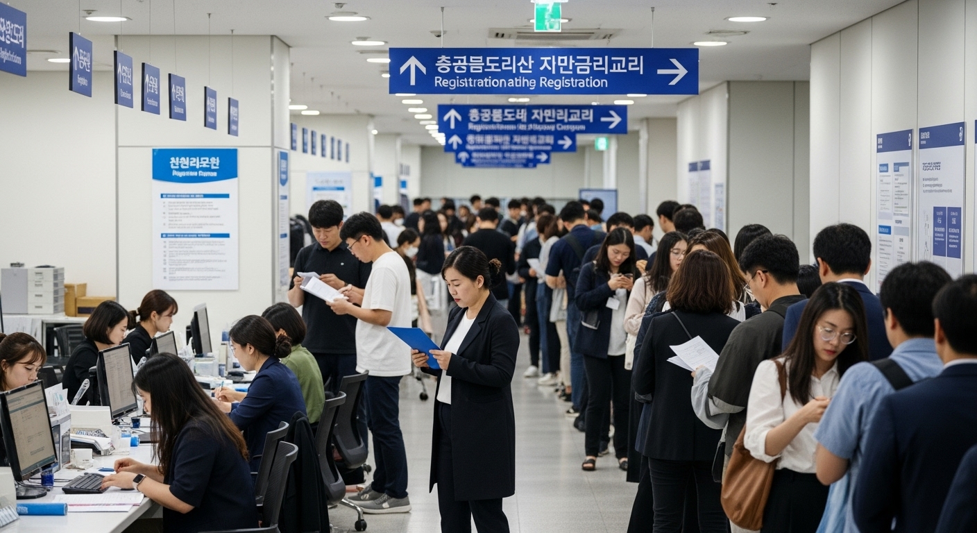 서울의 접수 센터에서 서류를 제출하는 지원자들의 바쁜 모습