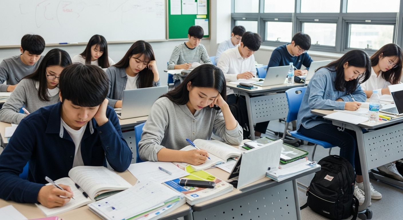 학생들이 교실에서 시험 공부를 하고 있는 모습