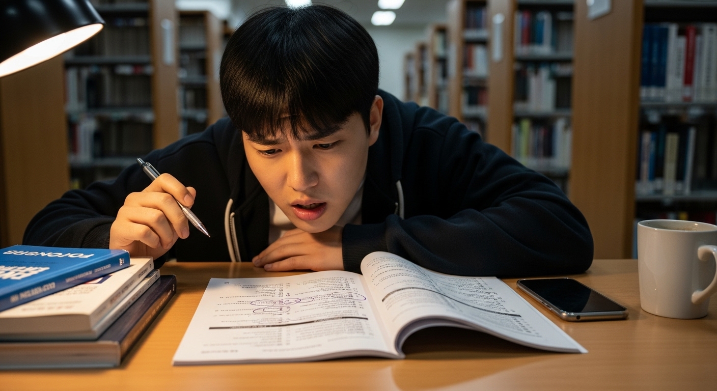 도서관에서 어려운 영어 시험 문제를 검토하는 학생