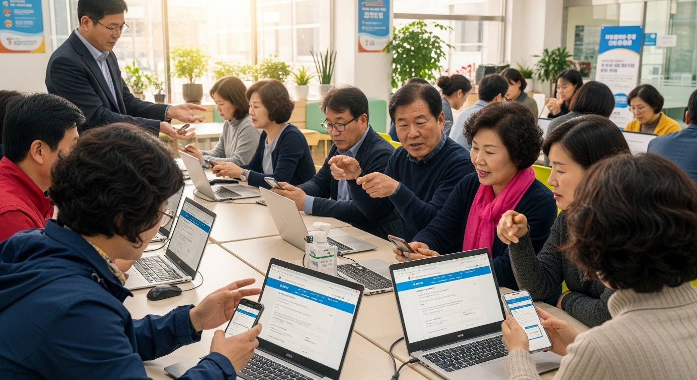 지역 사회 센터에서 노트북과 스마트폰으로 조건을 확인하는 다양한 연령대의 사람들