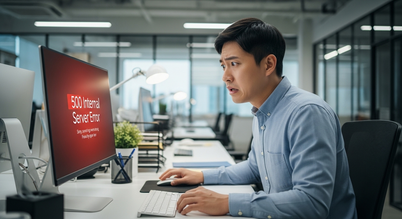 한국 사무실에서 컴퓨터 화면에 '500 Internal Server Error' 메시지를 보고 당황한 모습