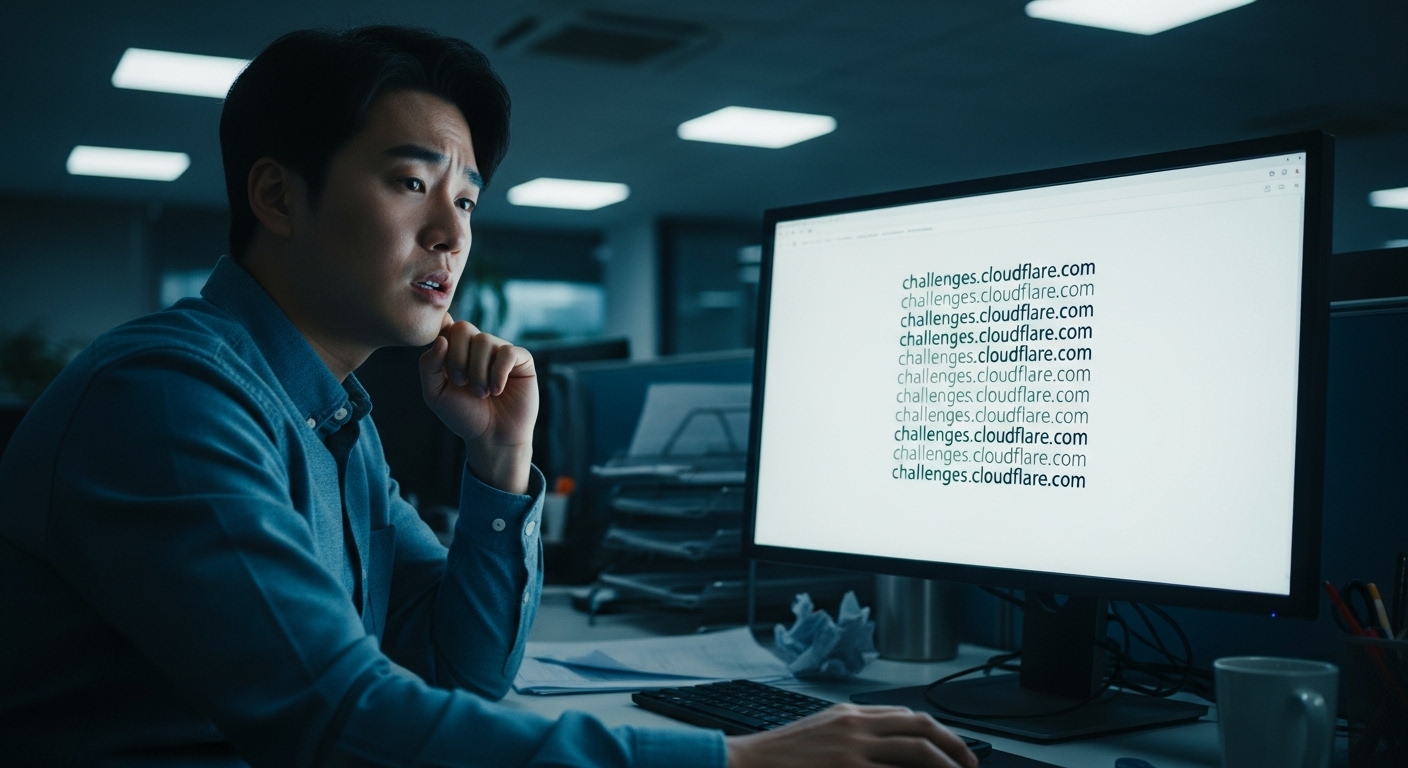 한국 사무실에서 'challenges.cloudflare.com' 메시지를 보며 당황하는 직장인