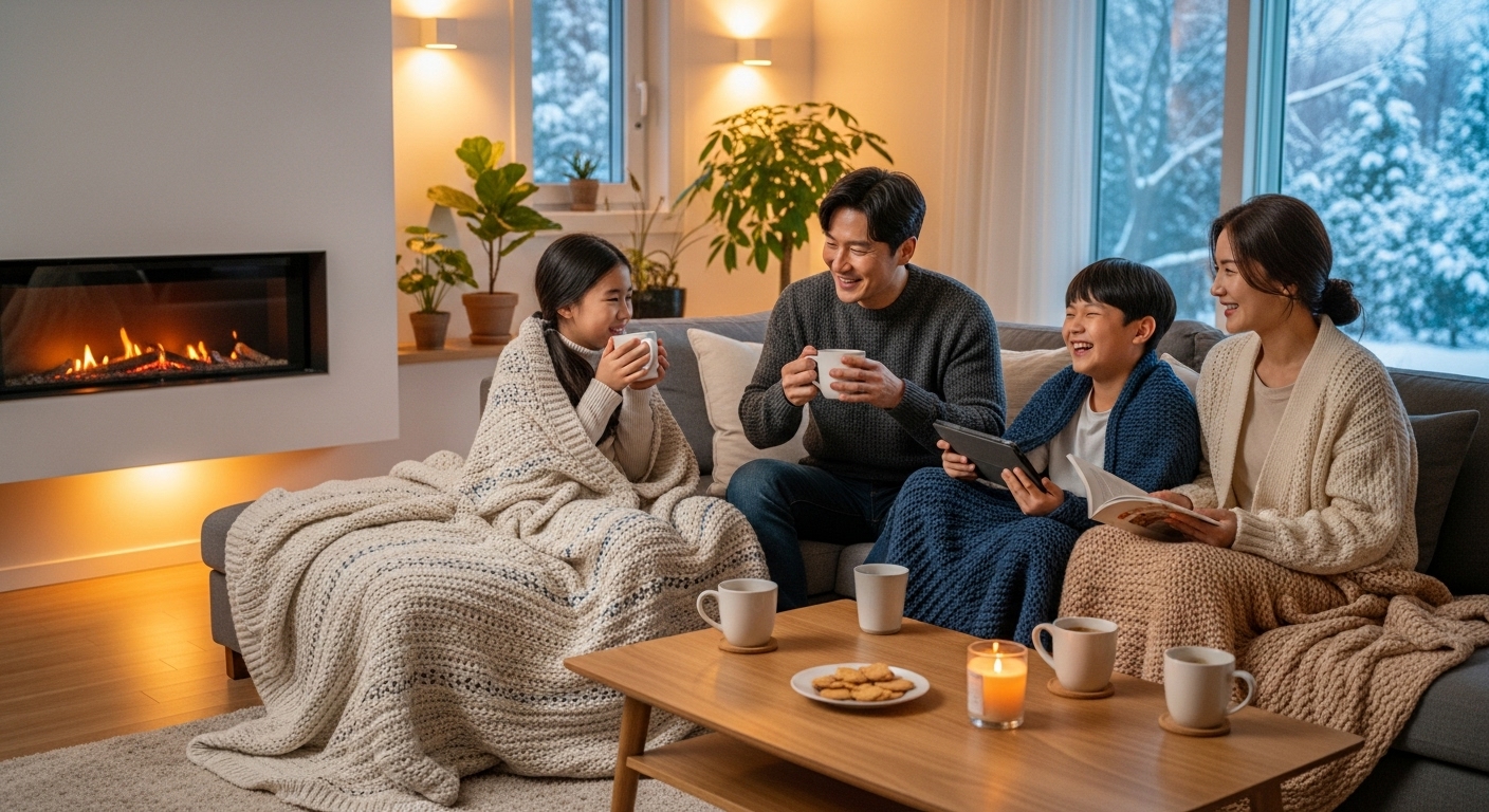 따뜻한 방에서 생강차를 마시며 가족이 모여있는 겨울 풍경