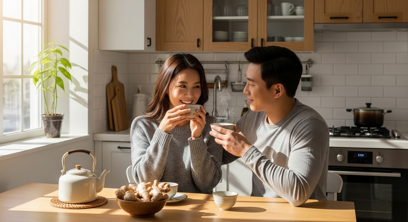 자연 요법으로서 매일 아침 부부가 함께 즐기는 생강차 장면