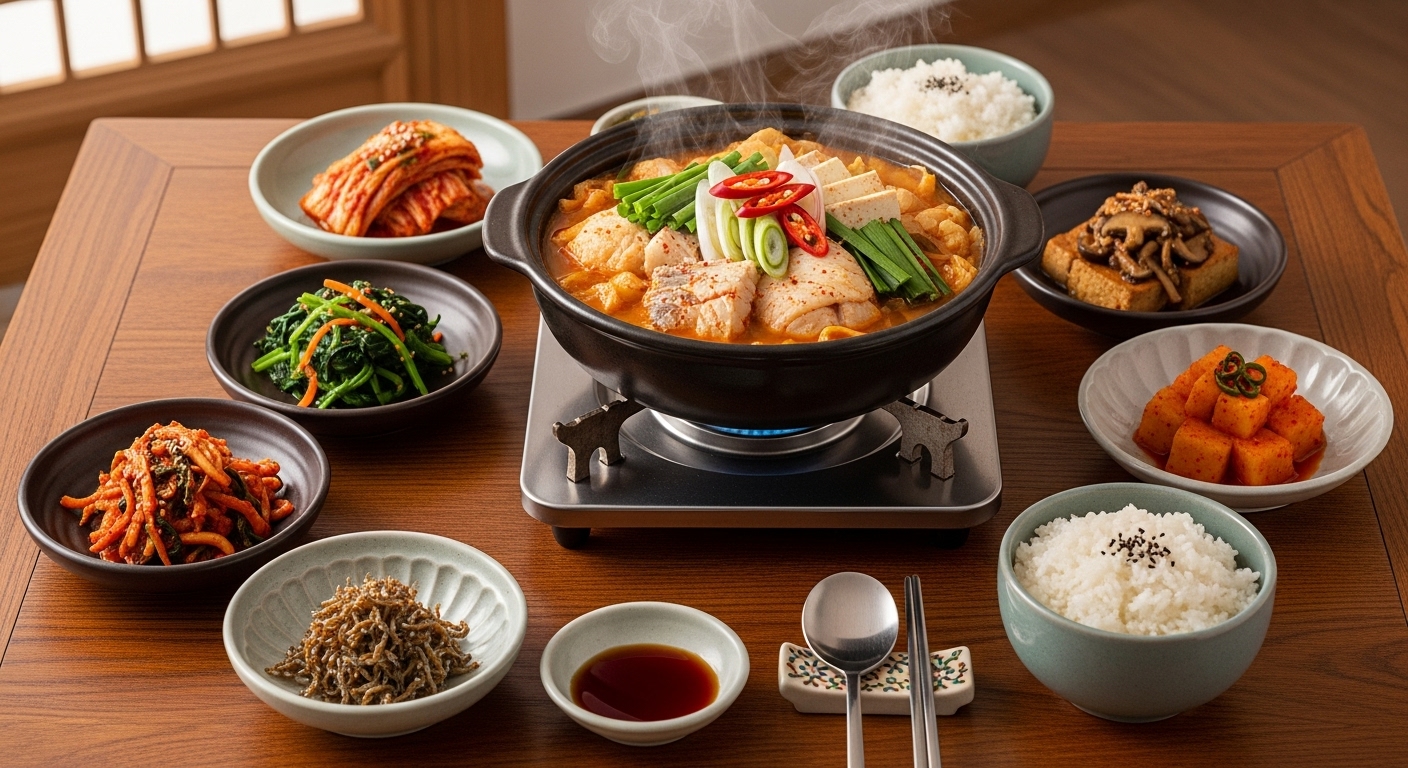 전통 한식 상차림으로 갓 끓인 동태탕과 다양한 반찬이 놓여진 나무 식탁