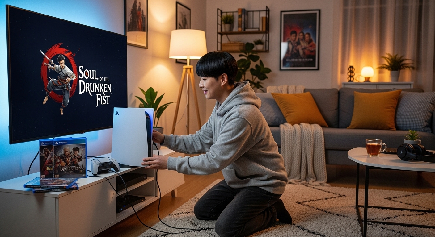 편안한 거실 환경에서 PS5 콘솔을 설치하는 게이머의 기대감 있는 모습