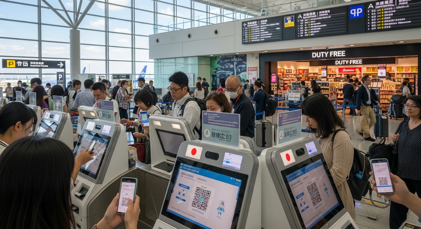 전자 단말기 앞에서 스마트폰을 보여주는 여행객들로 북적이는 일본 공항 현장