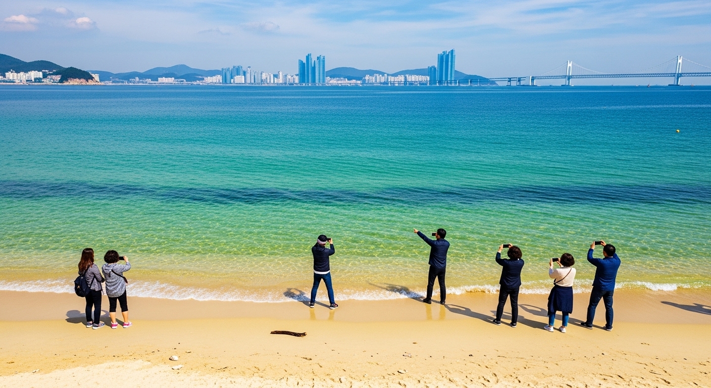 맑은 날씨에 이소하마 해변에서 사진 찍는 관광객들