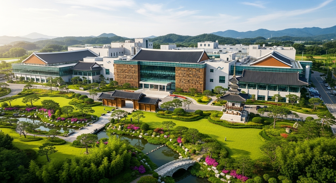 정부 인증을 받은 현대적 건축의 한국 양조장이 초록으로 둘러싸인 항공 뷰