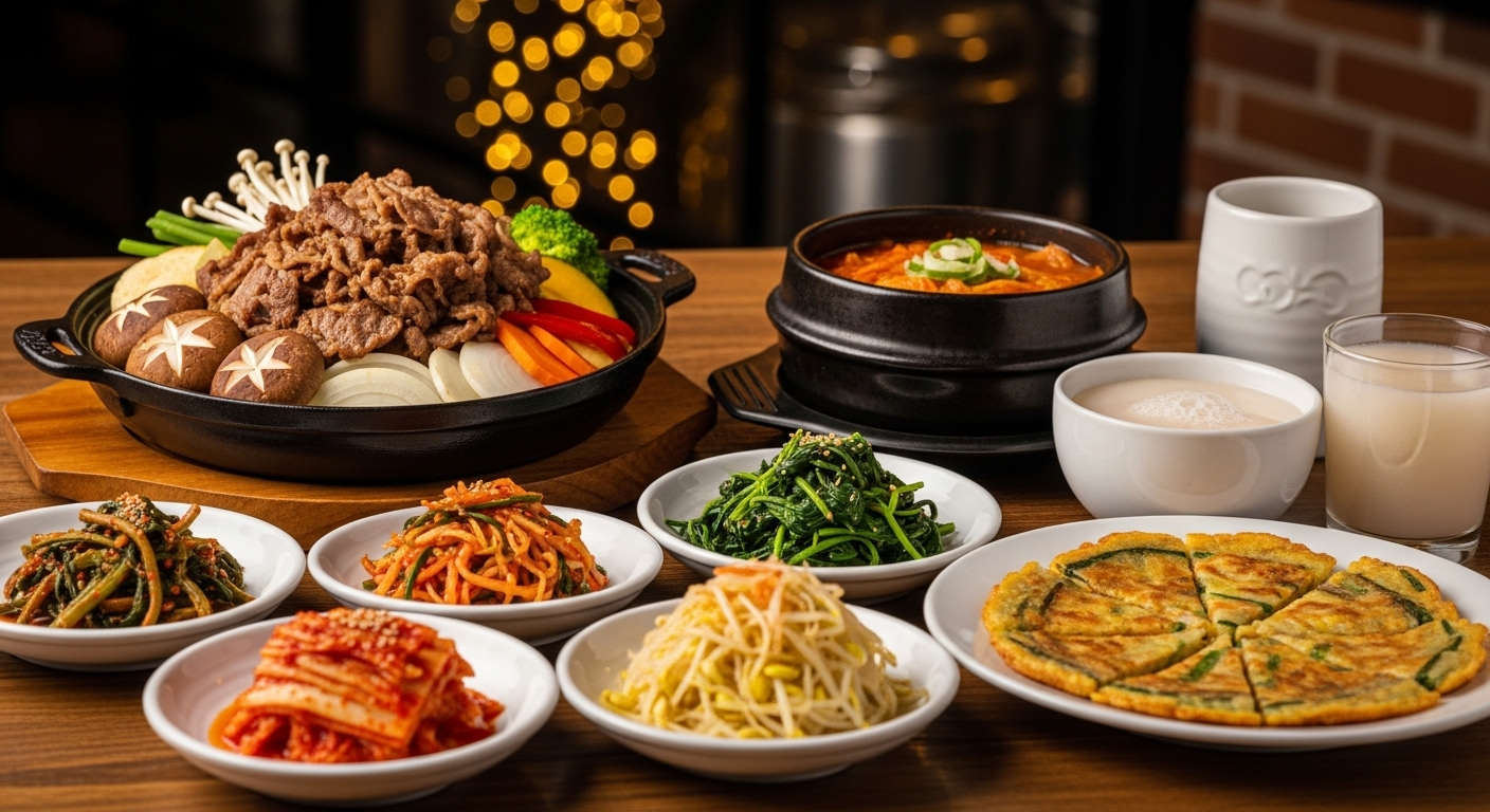불고기와 막걸리 같은 전통 한식을 제공하는 아늑한 양조장 식당 테이블 클로즈업