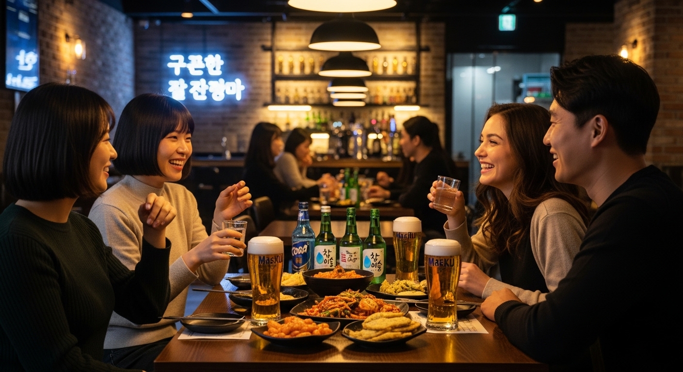 현대적인 한국 술집에서 친구들이 함께 술을 마시며 웃고 있는 모습