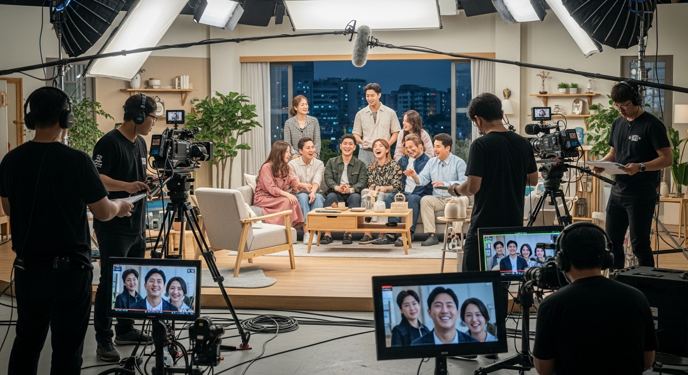 한국 리얼리티 쇼 세트장에서 카메라가 출연진의 자연스러운 순간들을 포착하는 장면