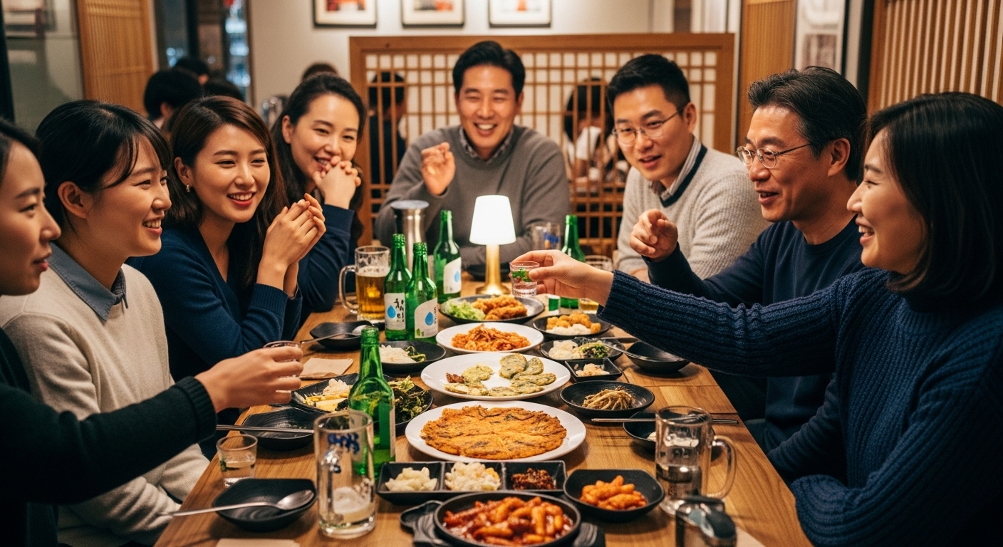다양한 한국 사람들이 모여 테이블 위의 음식과 술을 나누며 깊은 대화를 나누는 모습
