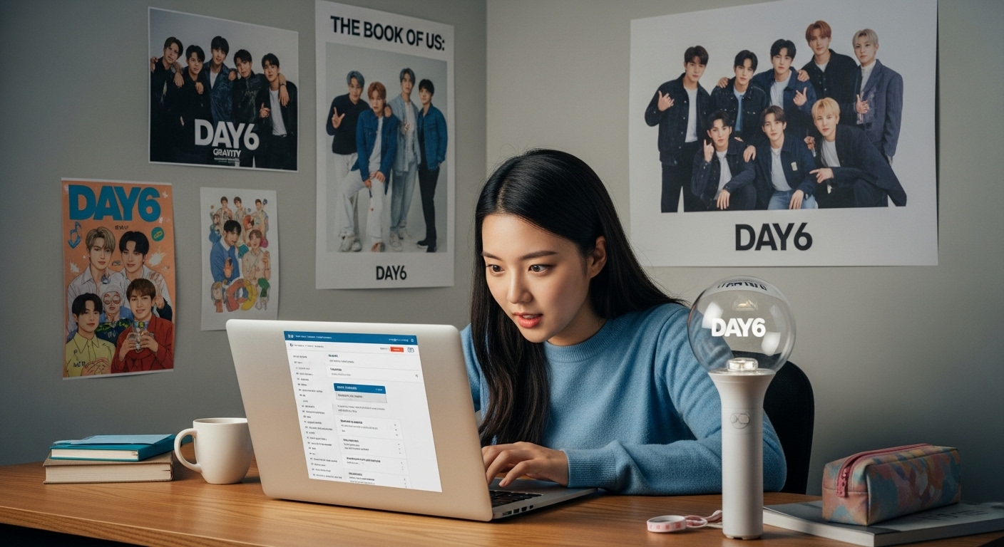 데이식스 포스터가 걸린 방에서 팬이 컴퓨터 앞에 앉아 콘서트 티켓팅 준비를 하는 모습