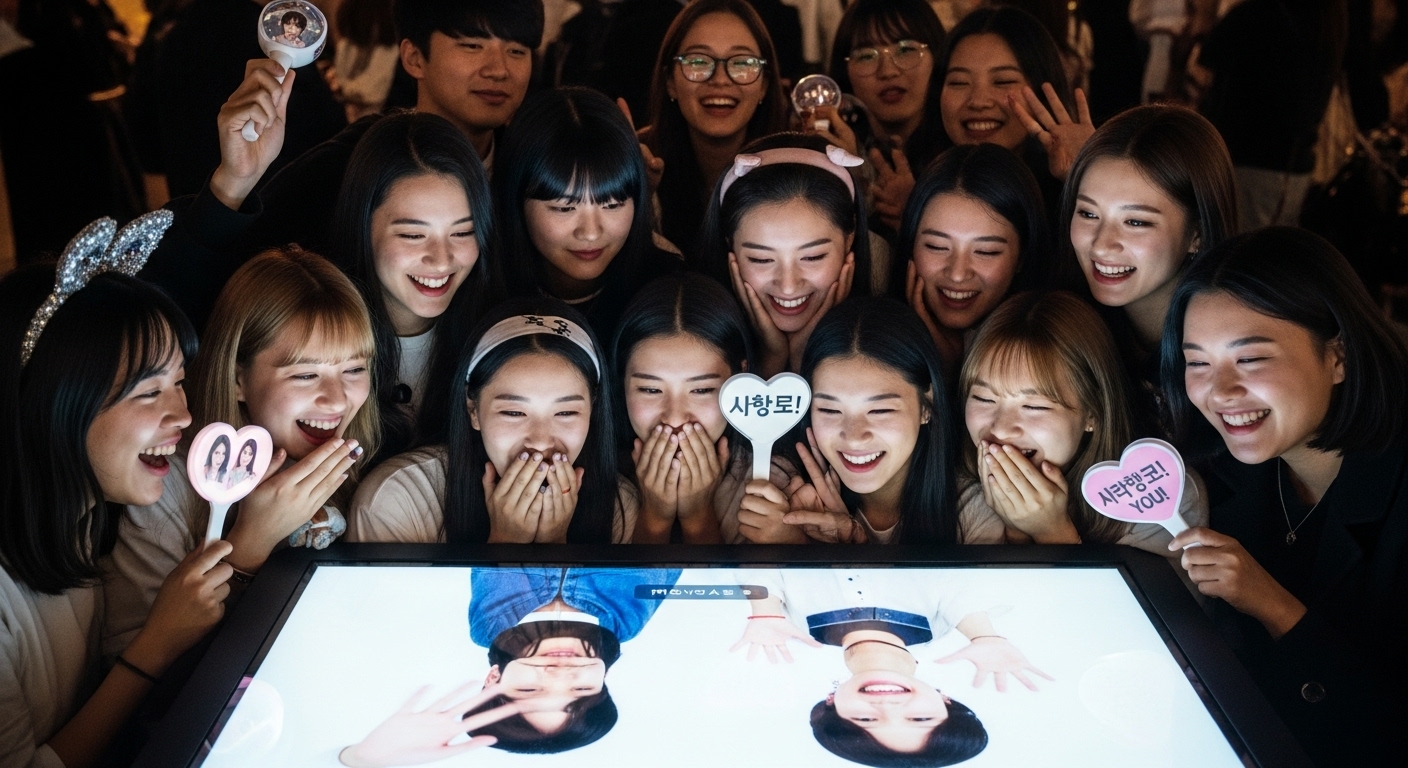 아이돌과의 생생한 팬 싸인회 장면을 보는 팬들의 모습