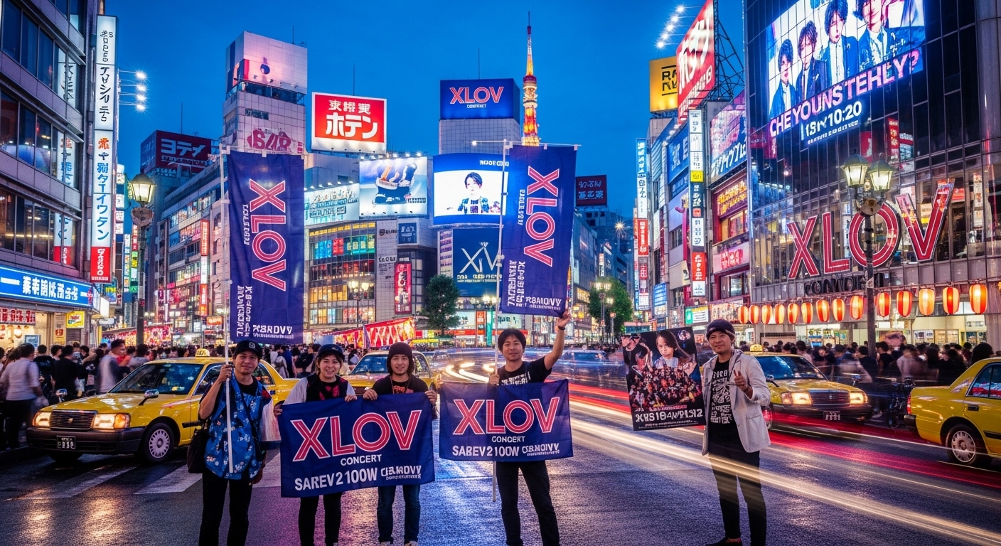 도쿄 거리에서 엑스러브 콘서트를 기다리는 팬들