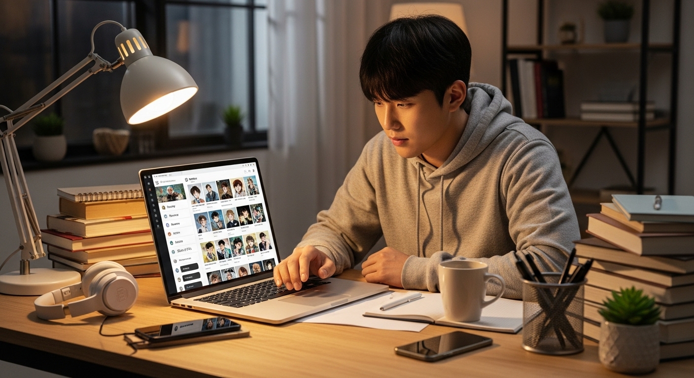 책과 전자기기가 가득한 책상에서 노트북으로 웹툰 장르 필터를 적용해 새로운 작품을 탐색하는 남학생