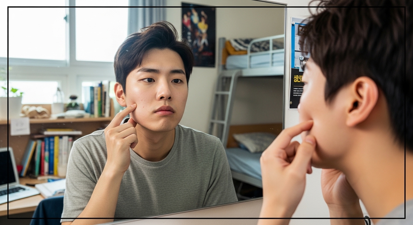 젊은 남성이 거울 앞에서 자신의 피부 상태를 점검하는 모습